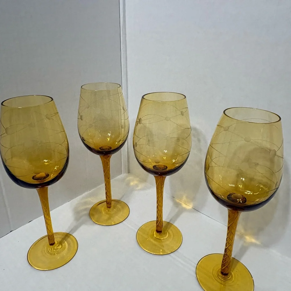 Vintage MCM Eisch Pirouette Amber Glasses, Air Twist Space Age Orbital Pattern 4